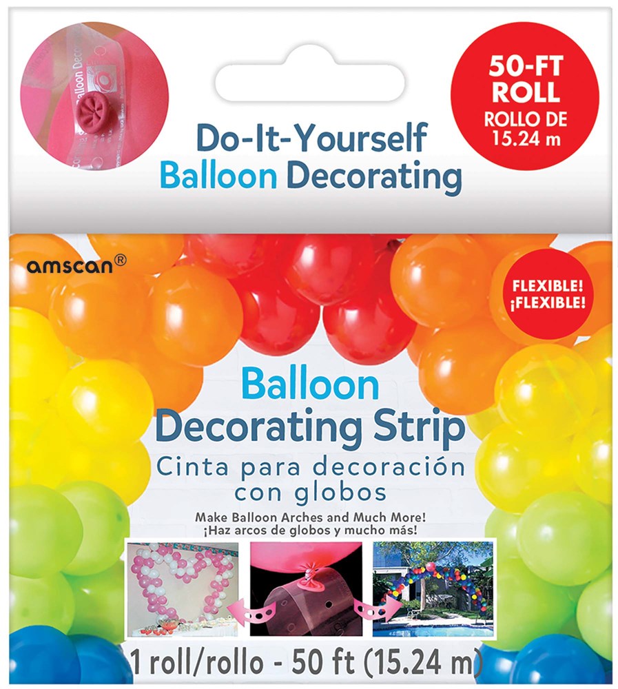 Clear flexible plastic balloon decorating strip roll with 50 feet length and colorful balloon clusters on packaging.