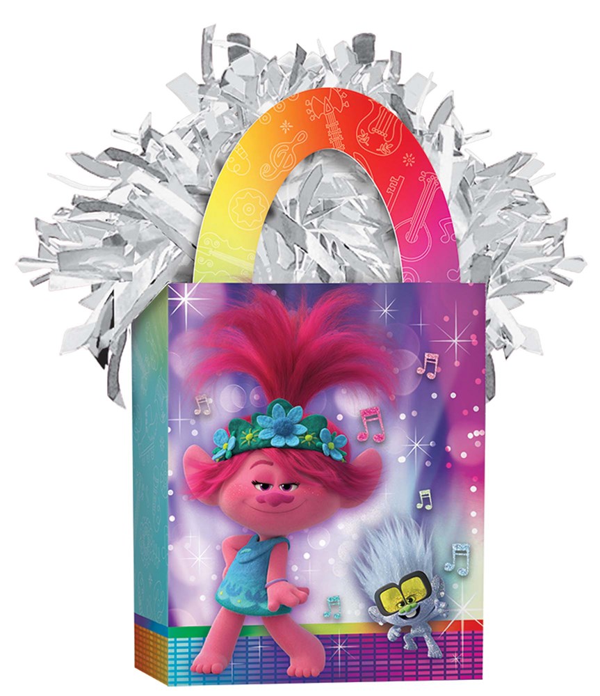 Trolls World Tour mini balloon weight with colorful Troll character and rainbow handle on a shiny silver fringe base.