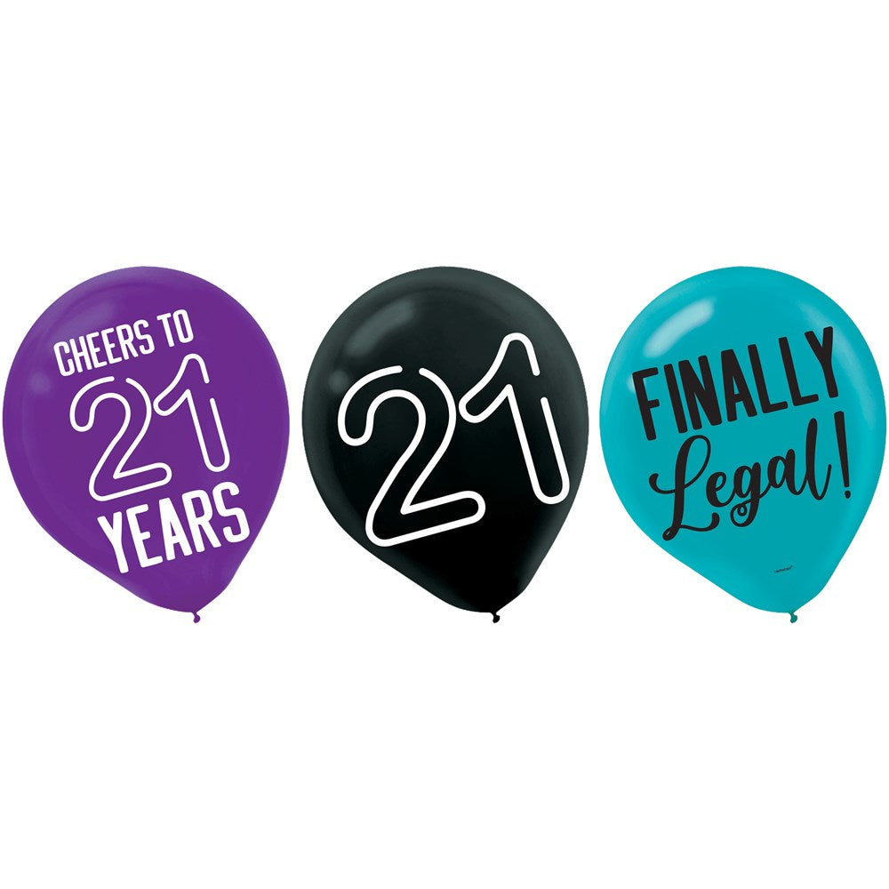 Purple balloon with white "Cheers to 21 years" text, black balloon with white "21" outline, teal balloon with black "Finally