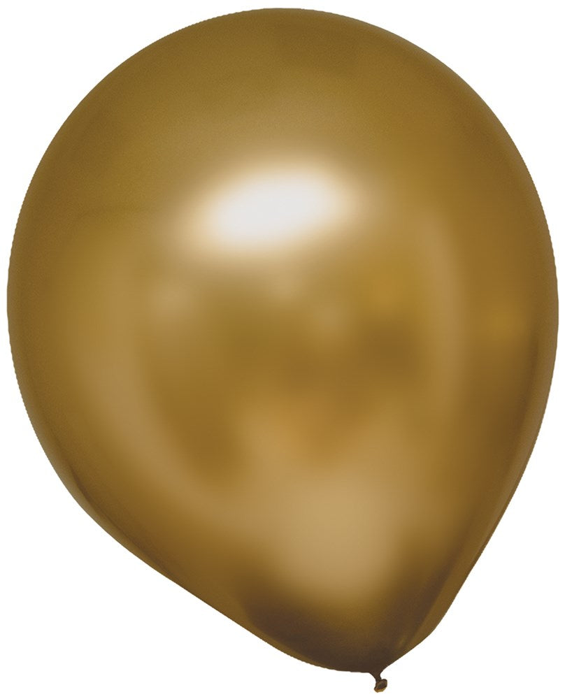 Shiny gold satin latex balloon inflated to round shape with smooth surface, 11 inch size.