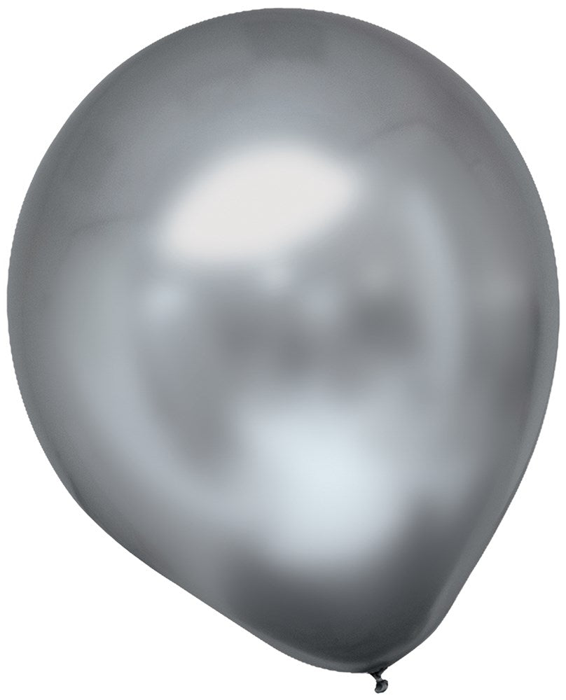 Shiny platinum silver satin latex balloon, round 11-inch inflated shape.