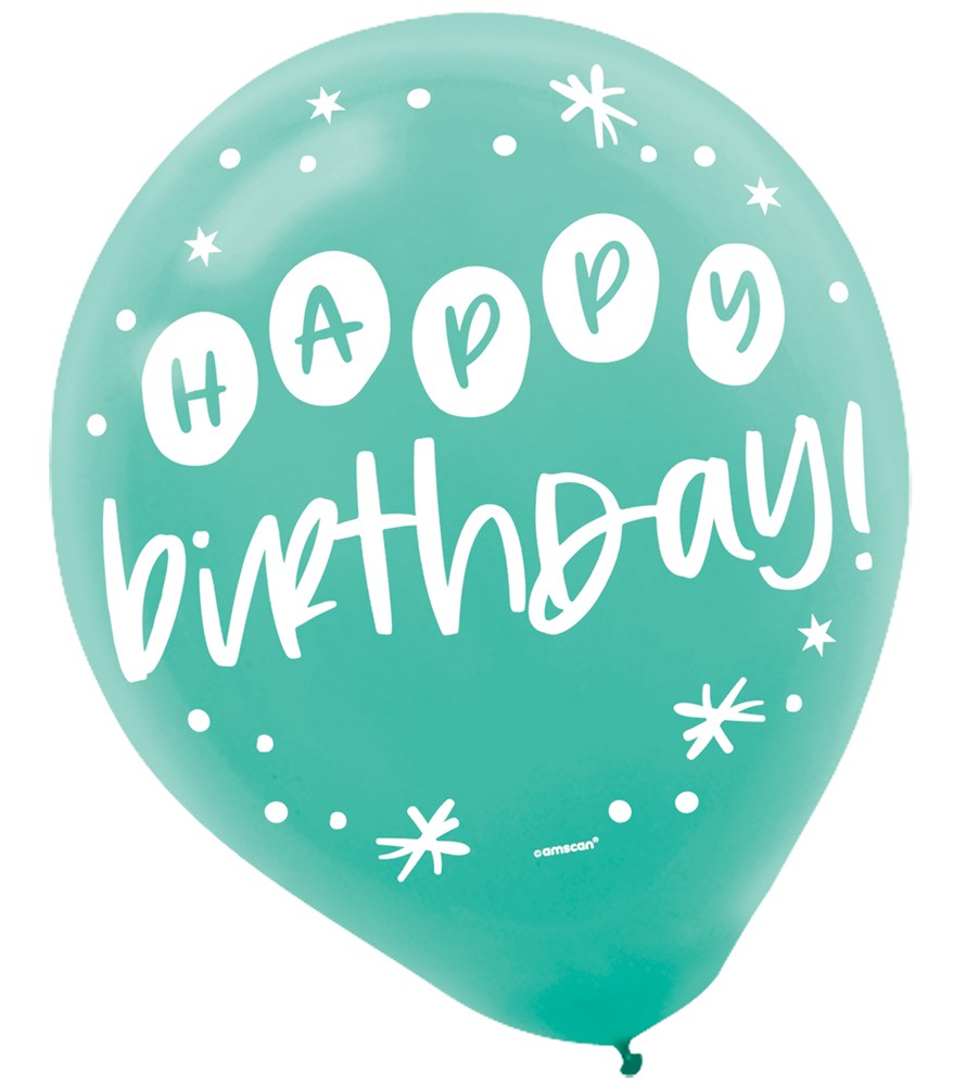 Teal 12-inch latex balloon with white "Happy Birthday!" text and starburst accents.