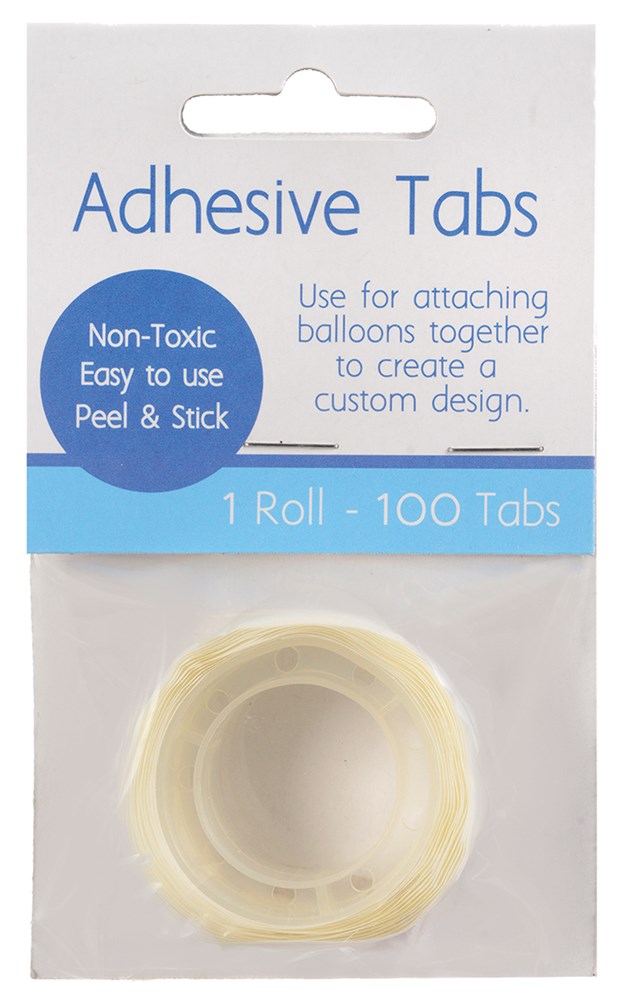 Roll of small, clear adhesive tabs in white packaging with blue and black text detailing use for attaching balloons and.