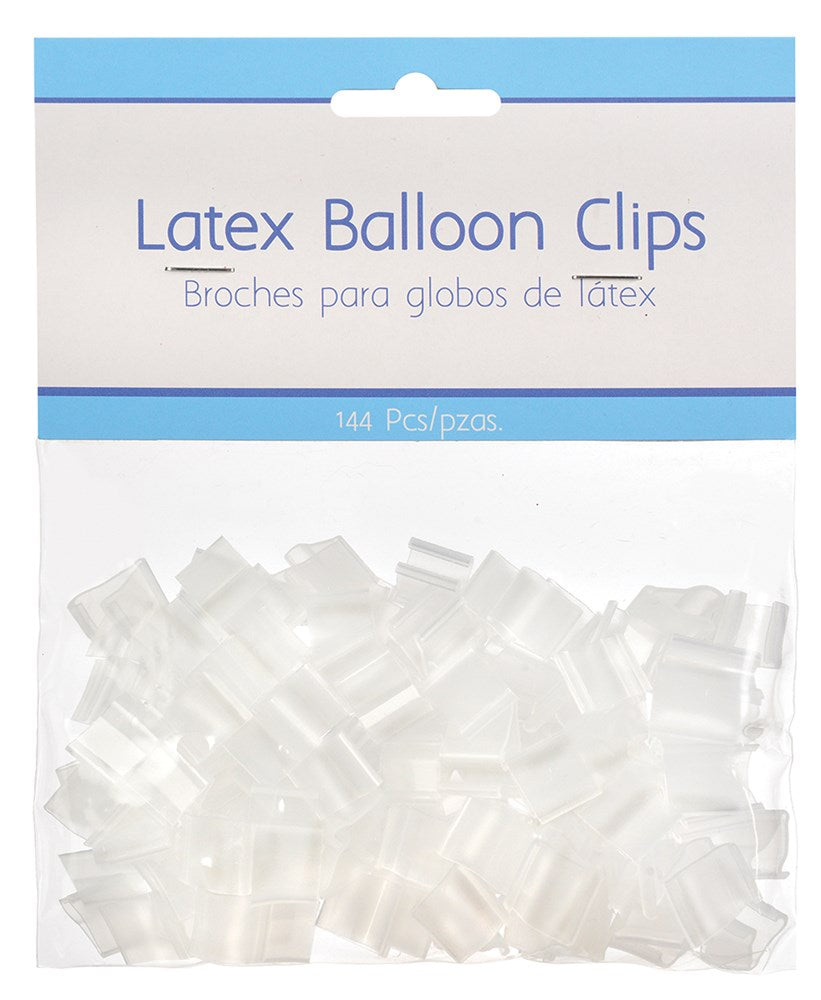 Clear translucent plastic latex balloon clips in a pack of 144 pieces with a resealable blue and white header.