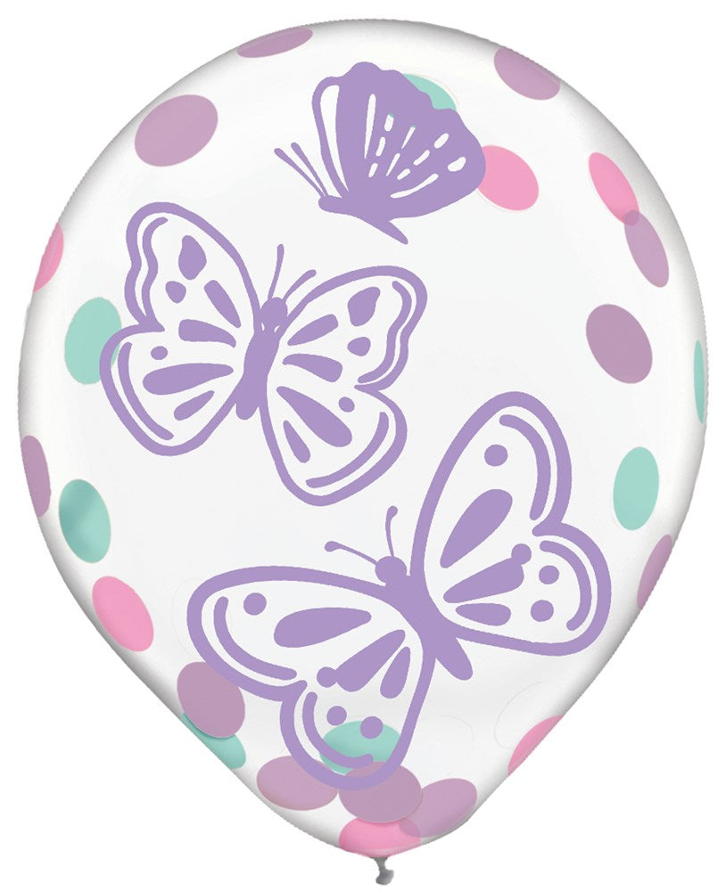 White 12-inch latex balloon with purple butterflies and pastel confetti dots.