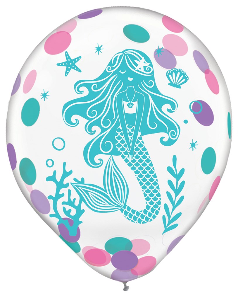 White latex balloon with teal mermaid graphic and pink, purple, and teal confetti dots.