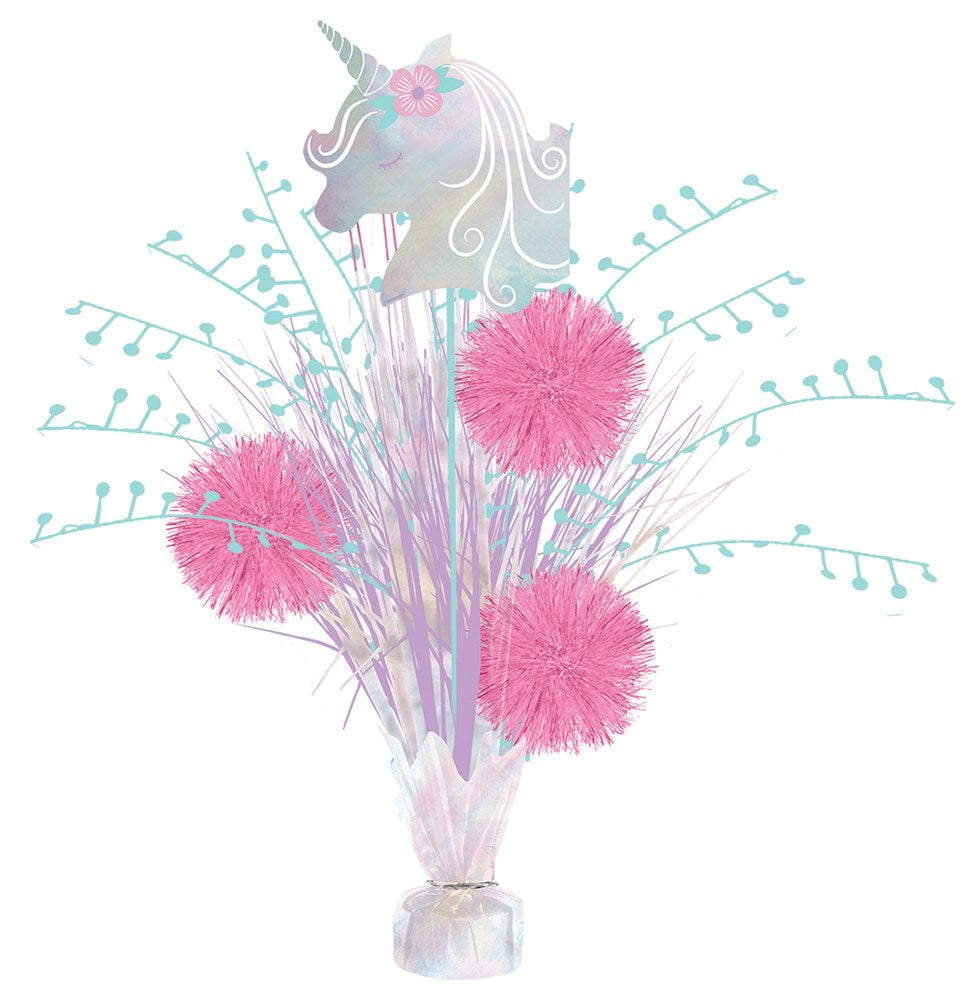 Iridiscent unicorn silhouette with pink pom-poms and light blue bead-tipped tinsel bursts centerpiece.