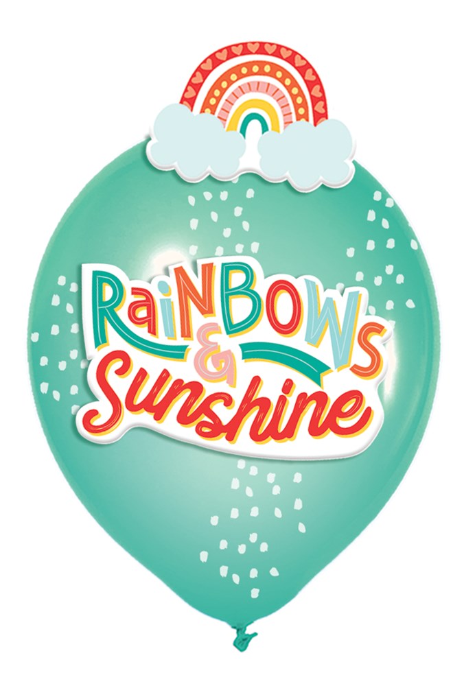 Teal latex balloon with white speckles and colorful "Rainbows & Sunshine" text, topped with a small retro rainbow and white.