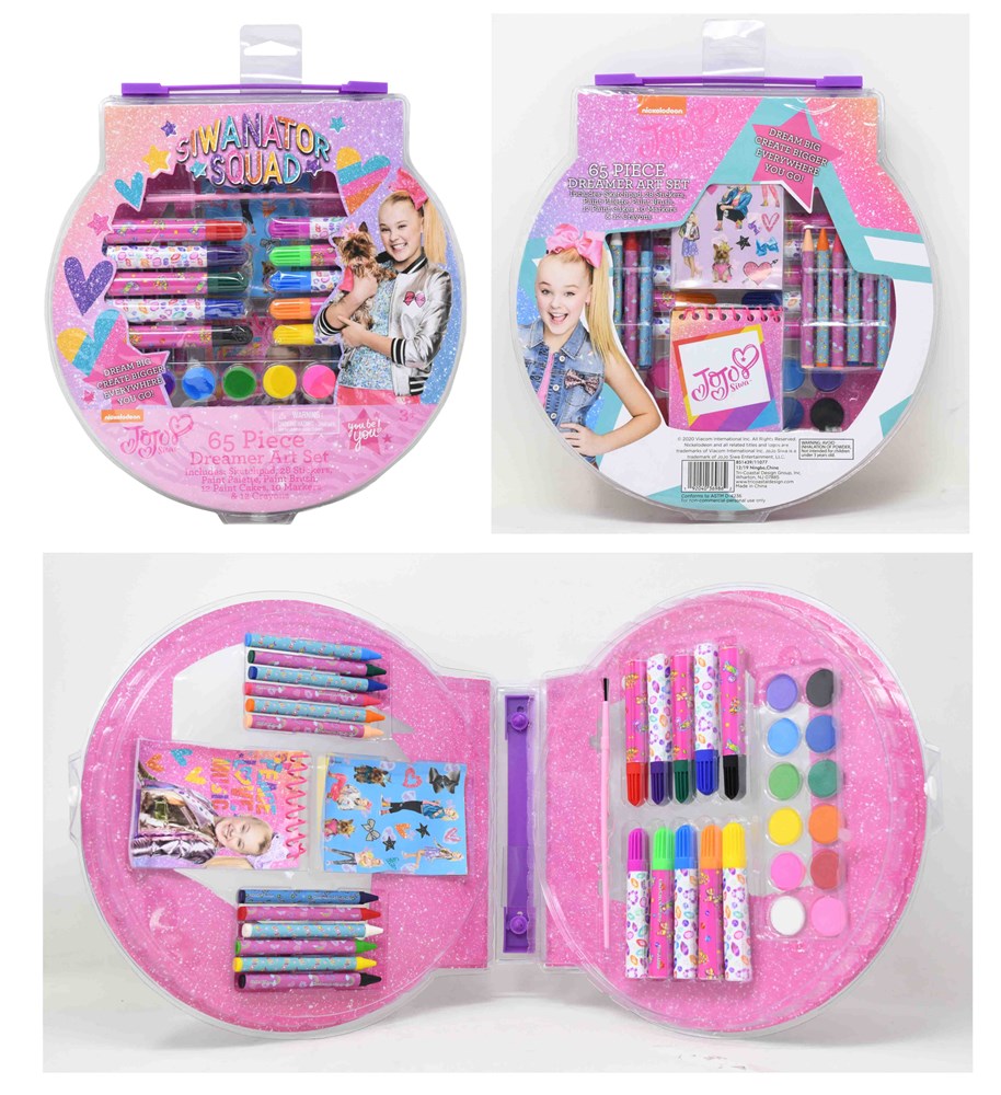 Pink round art set case with colorful markers, crayons, paints, and glitter tubes inside.