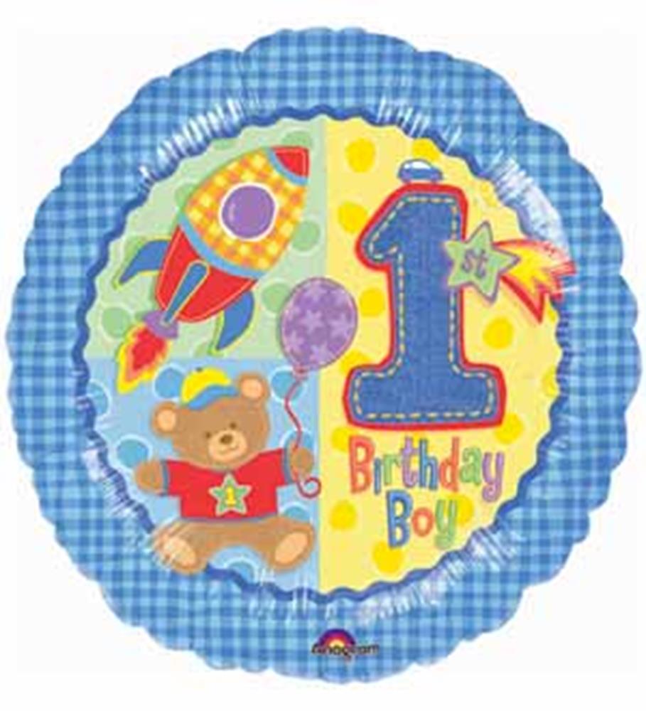 Round 18-inch mylar balloon with blue checkered border, featuring teddy bear, rocket, number one, and "Birthday Boy" text.