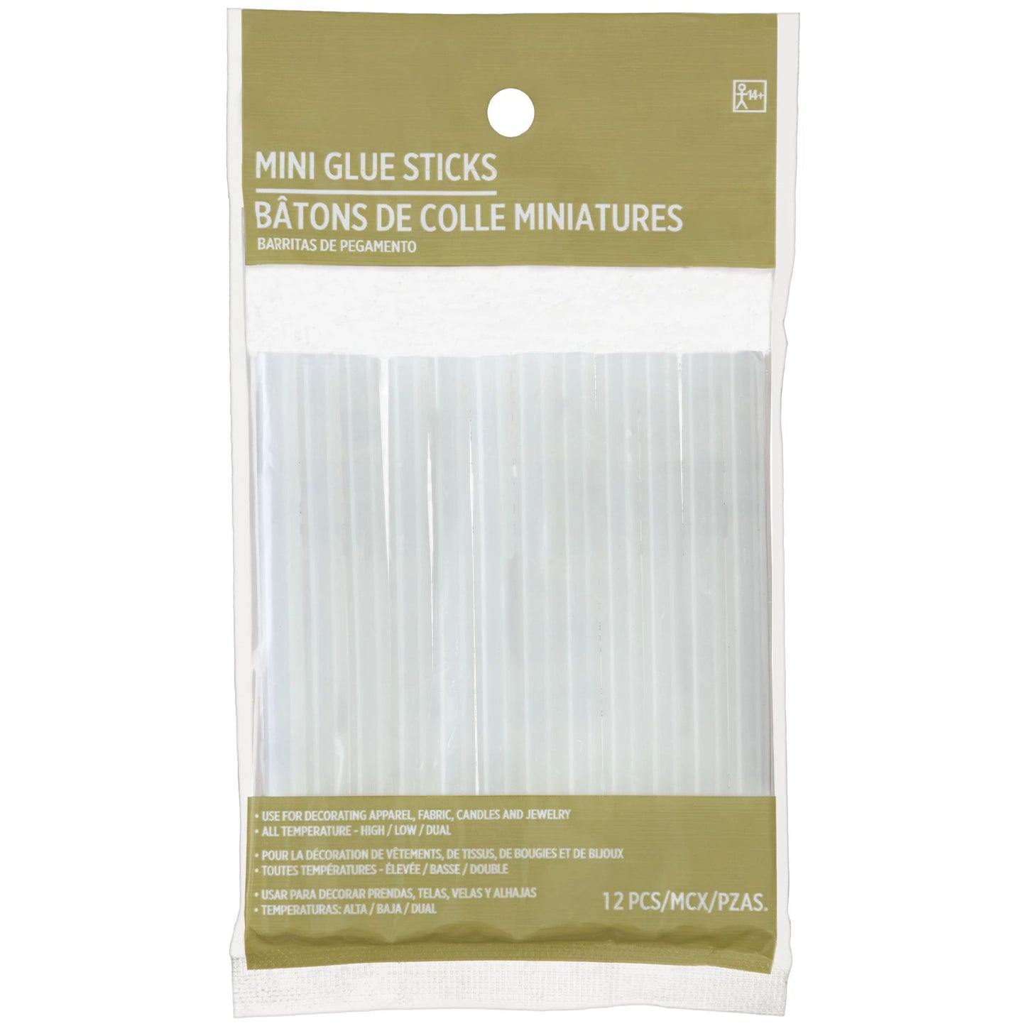 Pack of 12 clear mini glue sticks in transparent plastic wrapping with beige label.
