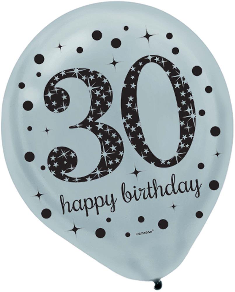Light blue latex balloon with black sparkling "30" and "happy birthday" text surrounded by black dots and stars.