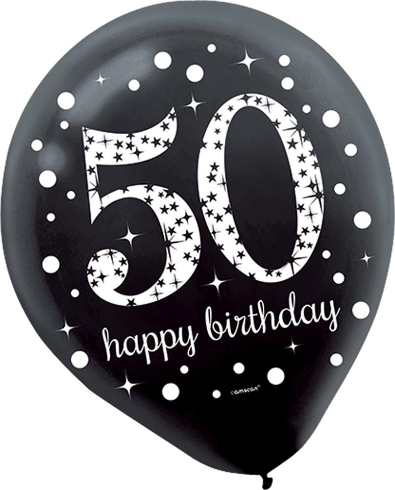 Black 12-inch latex balloon with white “50” and “happy birthday” text, decorated with stars and dots.