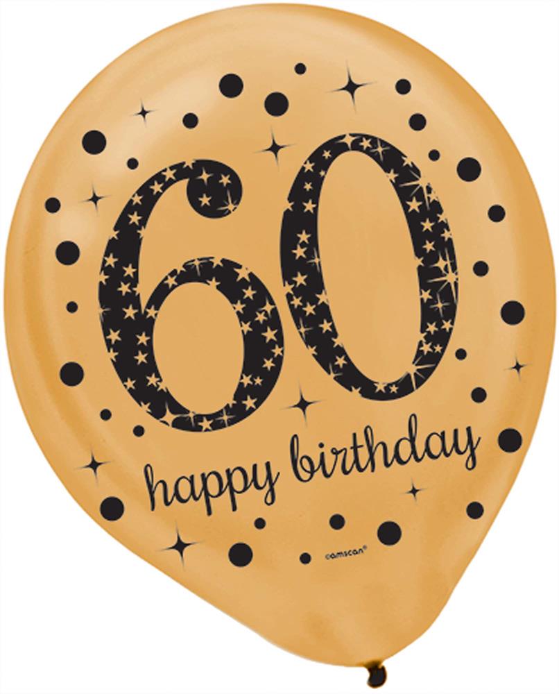 Gold latex birthday balloon with black "60" and "happy birthday" text decorated with stars and dots.