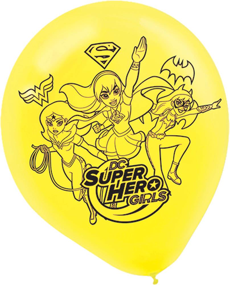 Yellow latex balloon with black line art of Wonder Woman, Supergirl, and Batgirl around DC Super Hero Girls logo.