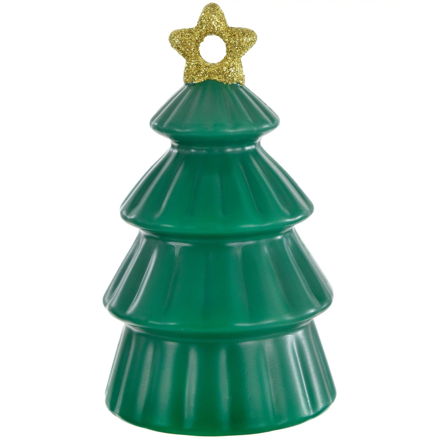 Green Christmas tree-shaped balloon weight with tiered layers and a glittery gold star on top.