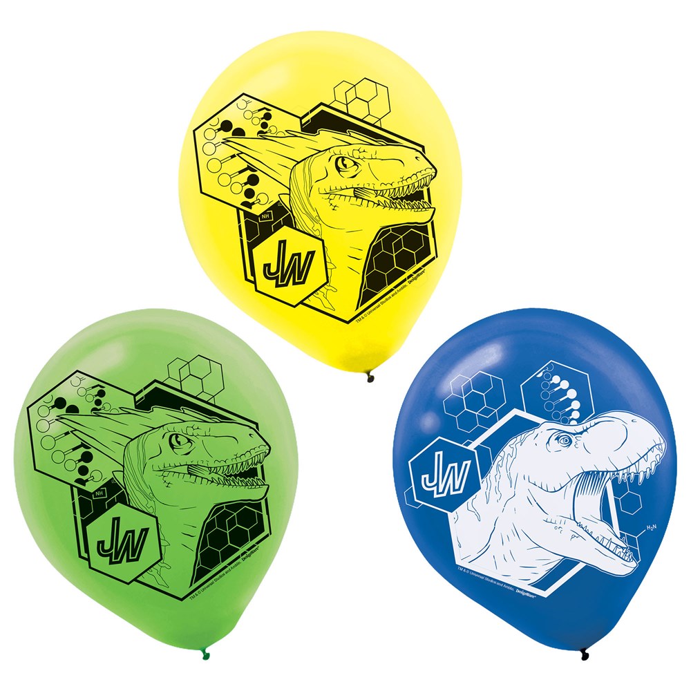 Set of three latex balloons in yellow, green, and blue, each featuring a black Jurassic World dinosaur graphic and hexagonal