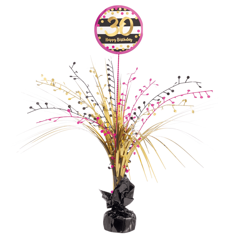 Pink-gold foil spray centerpiece with "30 Happy Birthday" topper and metallic streamers.