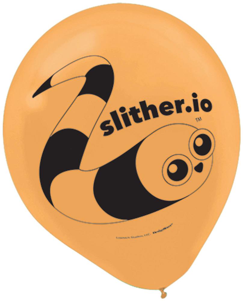 Orange latex balloon with black slither.io snake character and logo print.