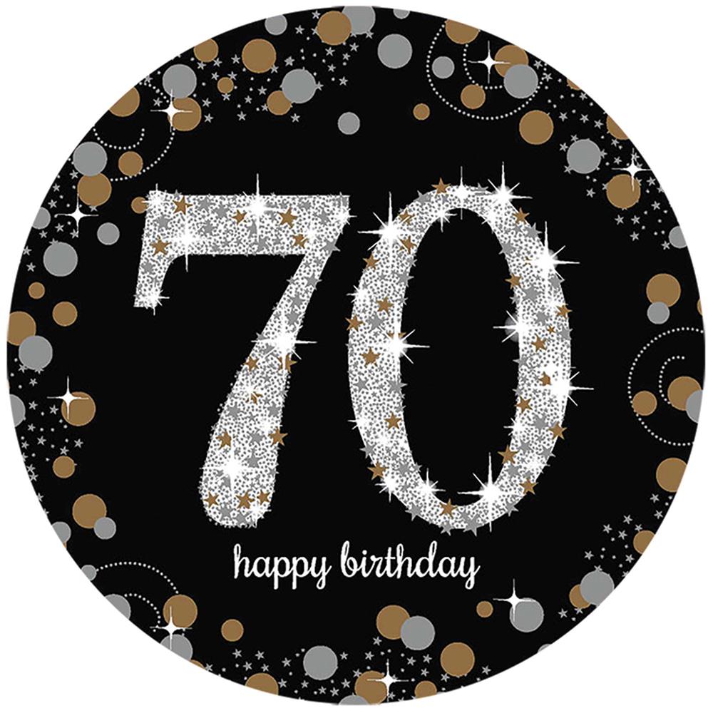 Black circular centerpiece with glittery silver "70" and gold, silver confetti details, "happy birthday" text below.
