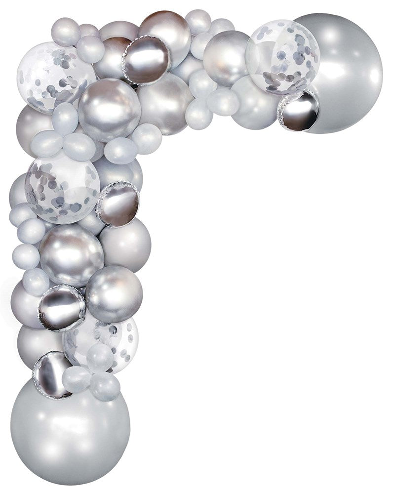 Silver balloon garland kit with 70 balloons in various sizes and metallic, matte, and confetti finishes forming an arch.