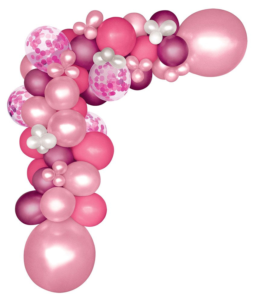 Pink balloon garland with various shades and sizes, including clear balloons with pink confetti and small pearl-like.