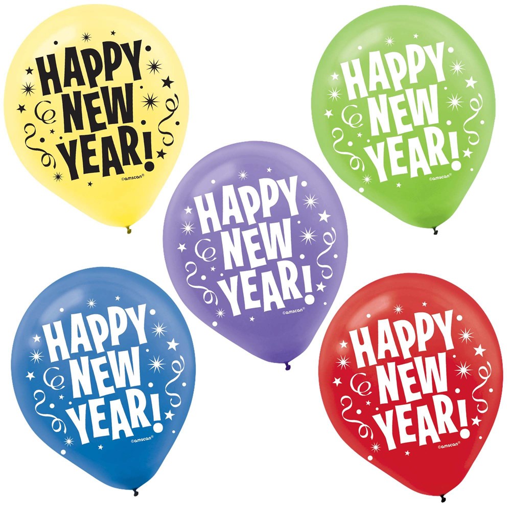 Set of five colorful latex balloons in yellow, green, purple, blue, and red, each with "Happy New Year!" text and festive.