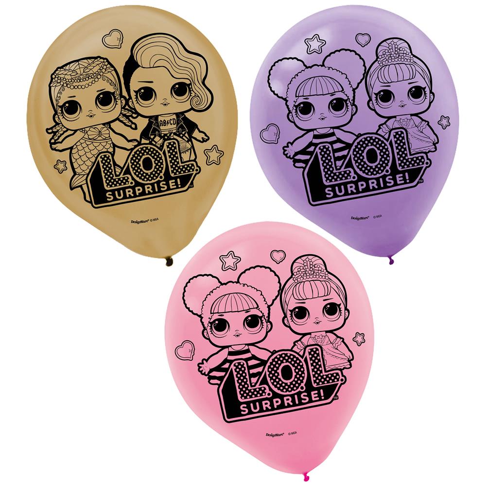 Set of three LOL Surprise latex balloons in beige, purple, and pink with black character designs and logo.