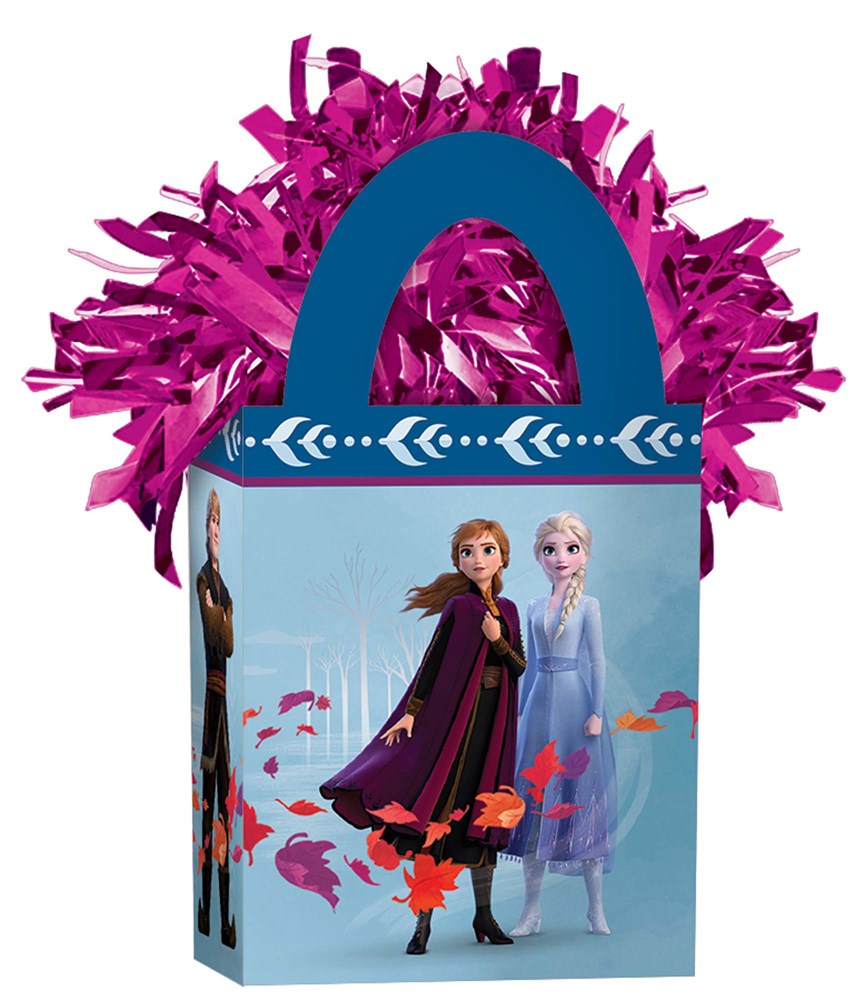 Blue mini tote balloon weight with pink curly ribbon handles, featuring Anna and Elsa from Frozen 2 and autumn leaves design.