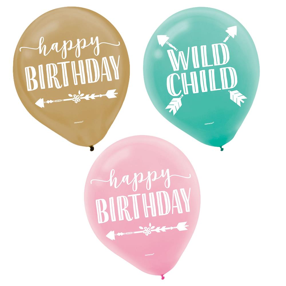 Set of three latex birthday balloons in gold, teal, and pink with white "Happy Birthday" and "Wild Child" text designs.
