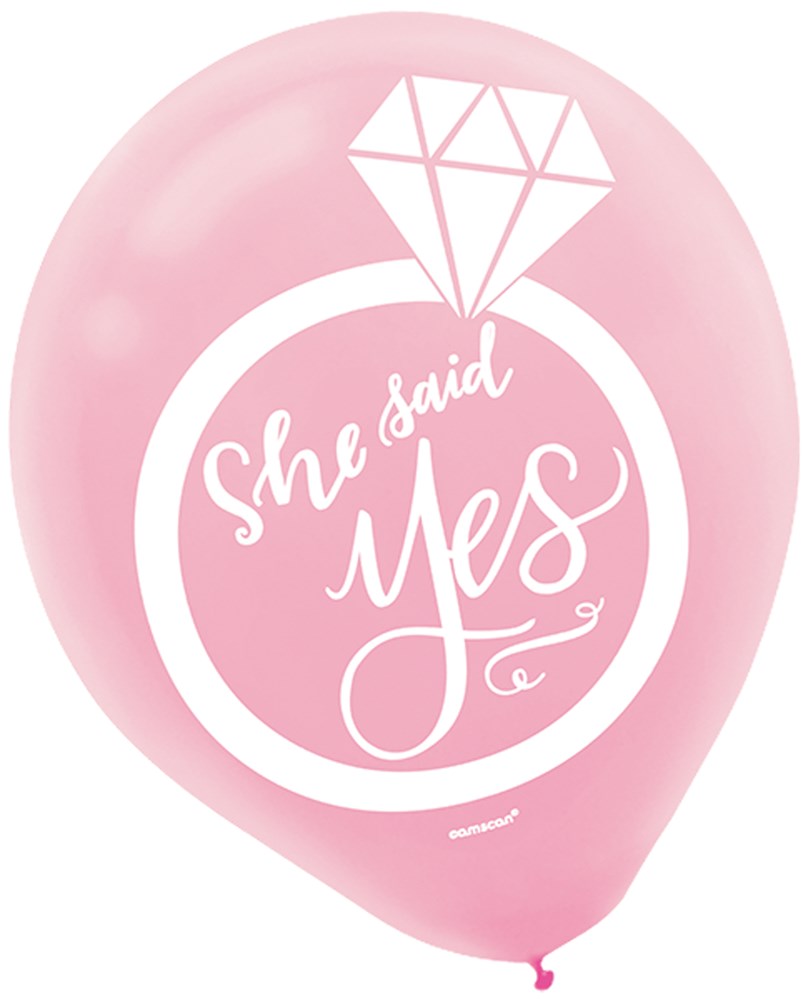 Pink 12-inch latex balloon with white diamond ring graphic and "She said yes" text.