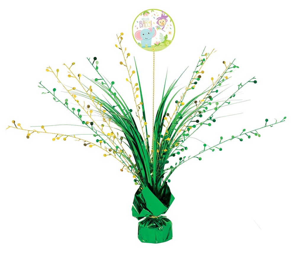 Green metallic centerpiece spray with thin stems and a round "Baby Girl" sign on top.