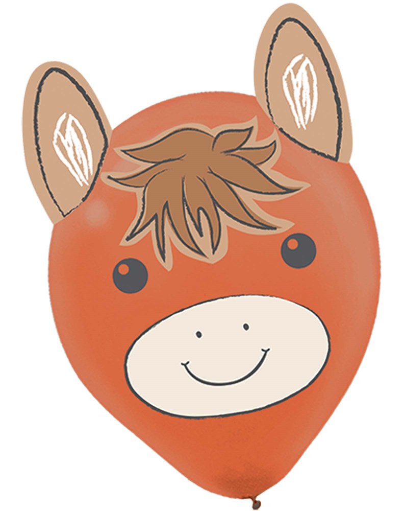 Orange latex balloon shaped and printed with a smiling cartoon donkey face and ears attached at the top.