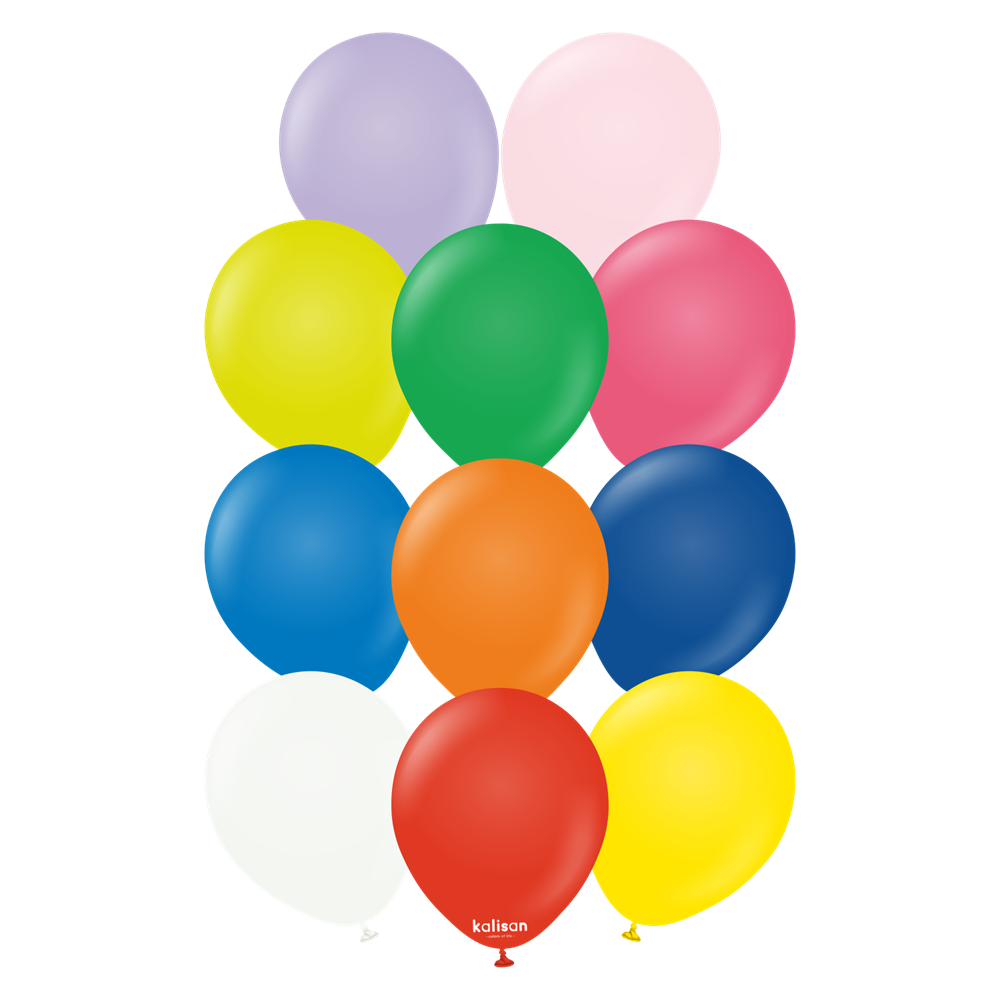 Assorted colorful 12-inch latex balloons in red, yellow, green, blue, orange, pink, purple, and white, 100 count pack.