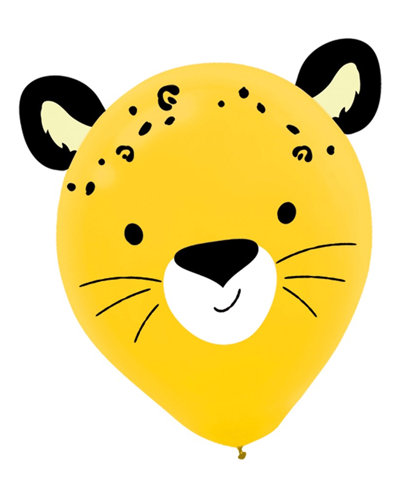 Bright yellow latex balloon with a cute leopard face, black spots, and attached ears.