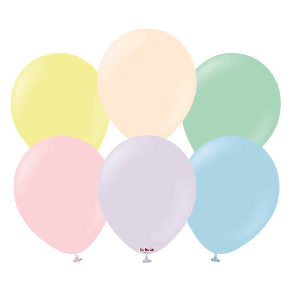 Assorted pastel-colored 12-inch latex balloons in yellow, cream, green, pink, lavender, and blue, round shape.