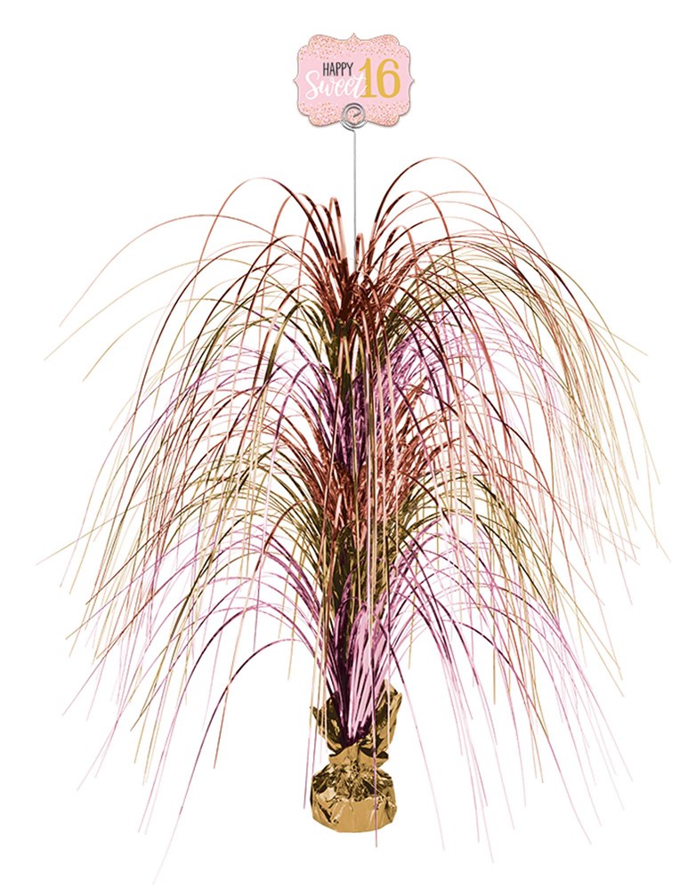 Blush pink and gold metallic spray centerpiece with long, thin, cascading strips in a gold foil base.