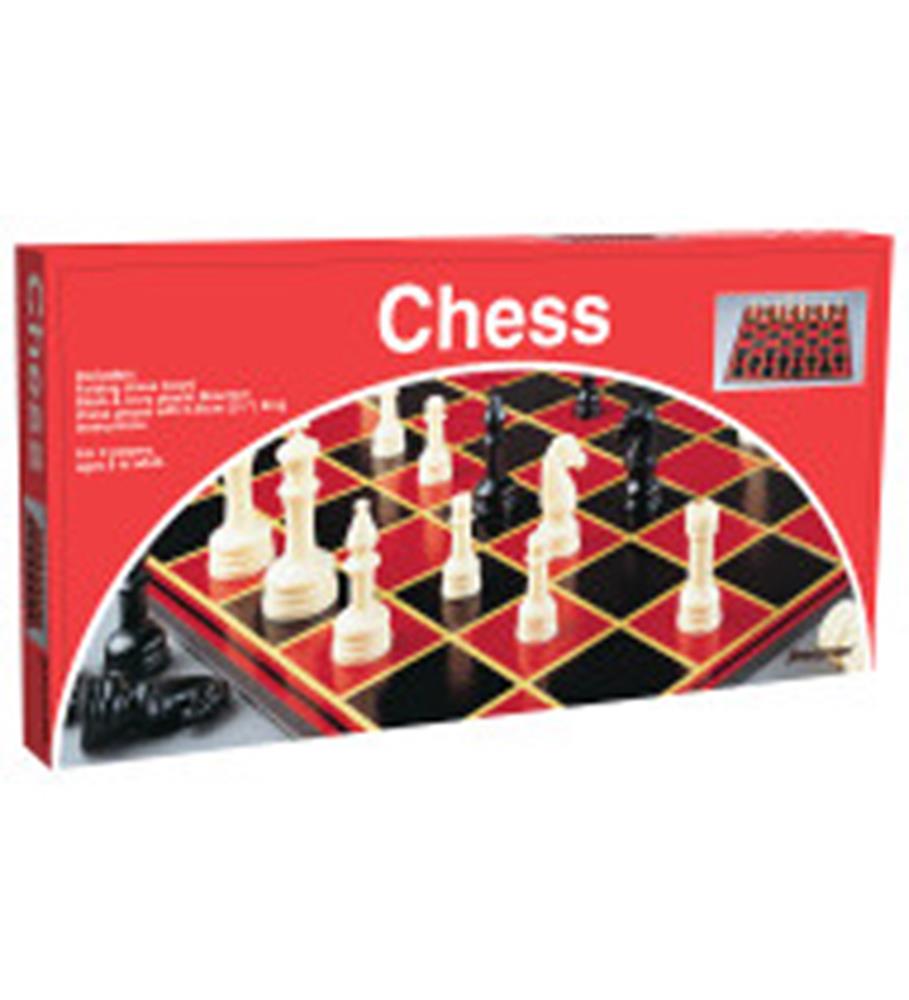 Red rectangular box with folding black and red chessboard and white and black chess pieces inside.