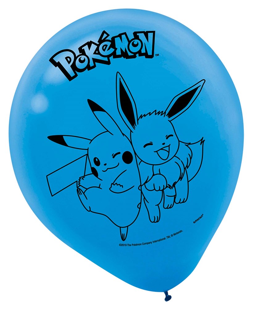 Blue 12-inch latex balloon with black outline of Pikachu and Eevee and Pokémon logo.
