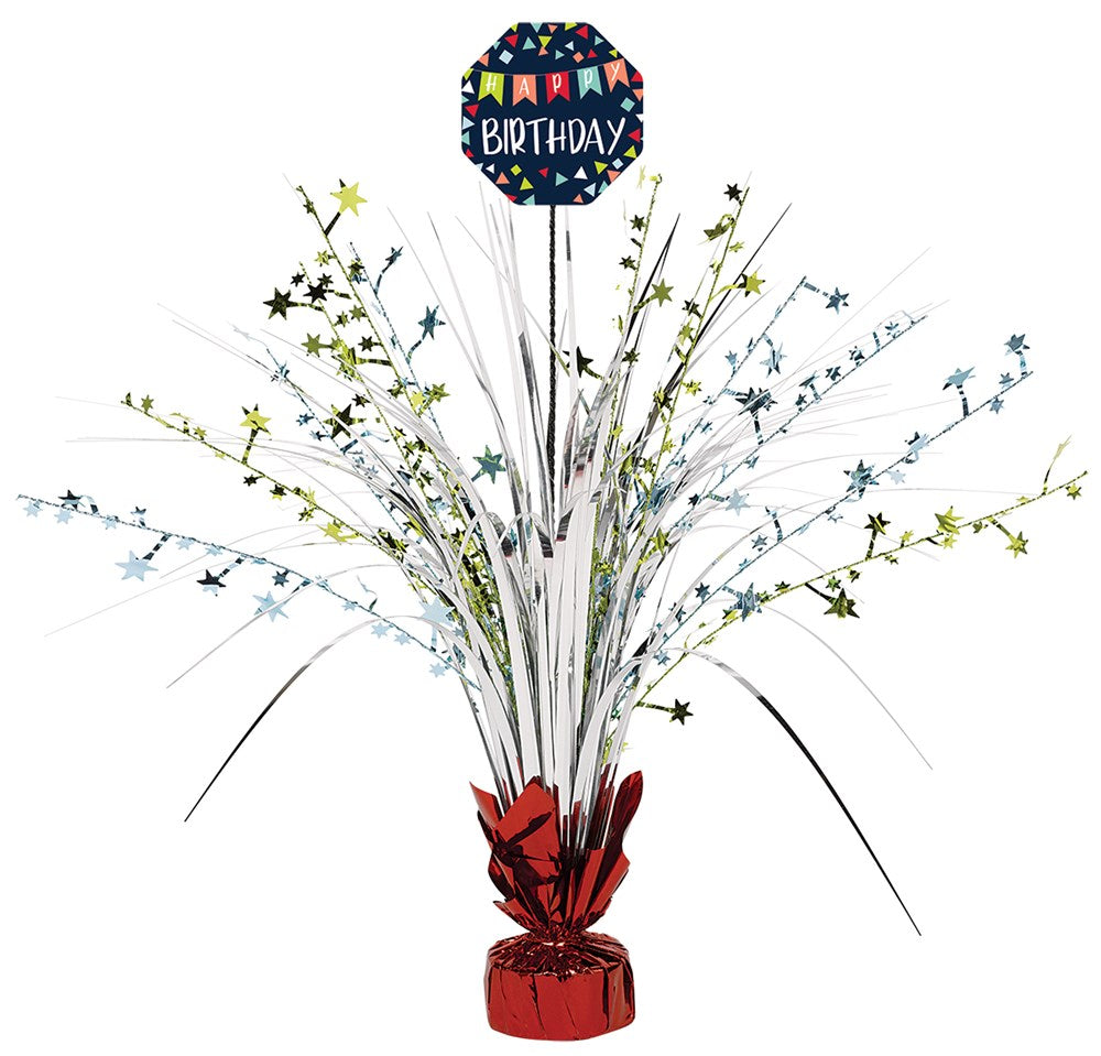Birthday spray centerpiece with silver and green starburst foil strands and round "Happy Birthday" balloon topper in red.