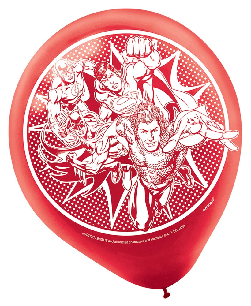 Red 12-inch latex balloon with white Justice League superhero graphics including Superman, Batman, and Wonder Woman.