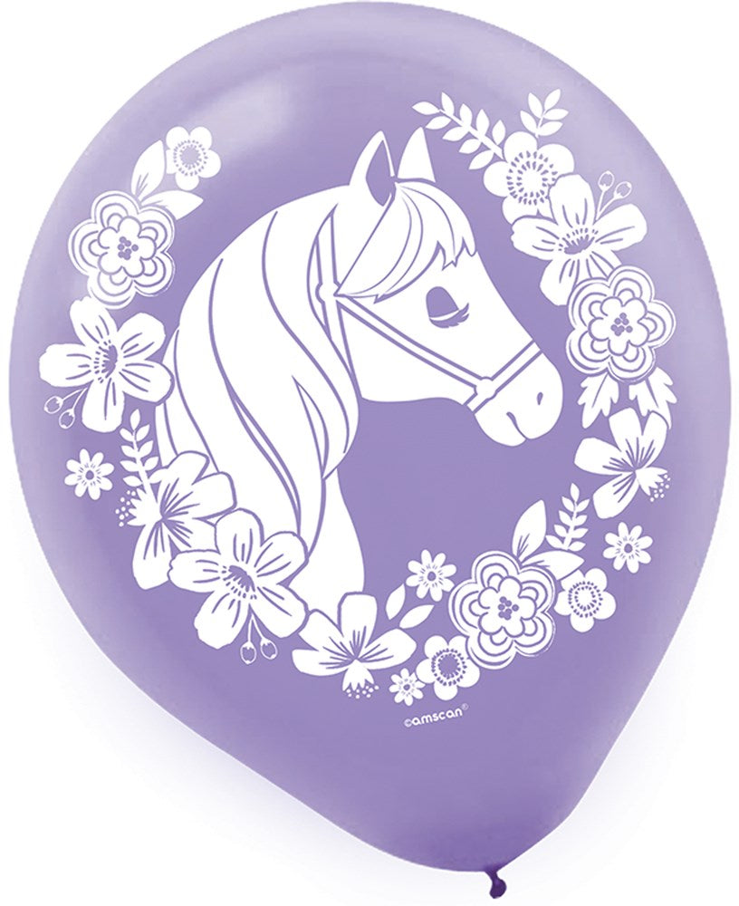 Lavender latex balloon with white horse head silhouette surrounded by floral wreath design.