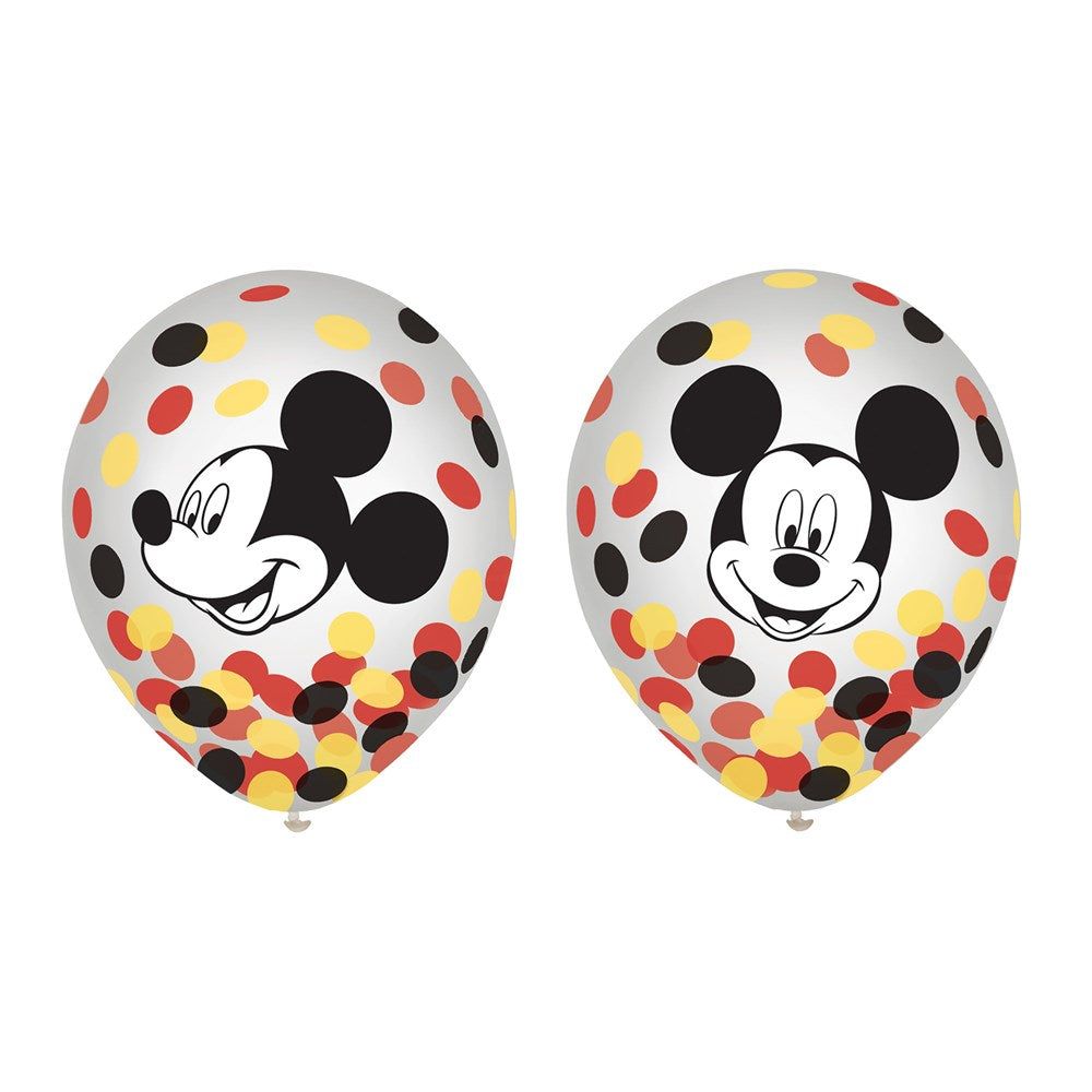 Set of two white latex balloons featuring classic black Mickey Mouse faces and multicolored confetti dots in red, yellow,.