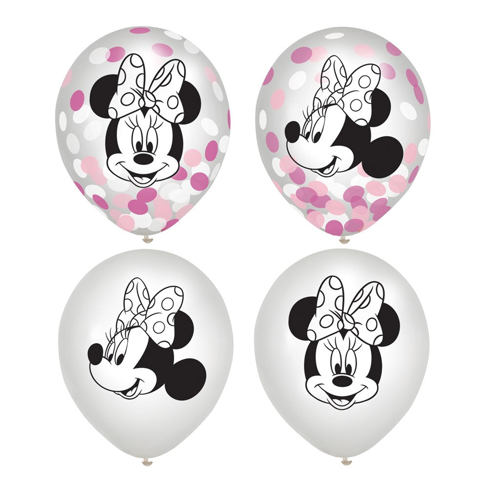Set of four 12-inch white latex balloons featuring Minnie Mouse faces and pink, white, and silver confetti designs.