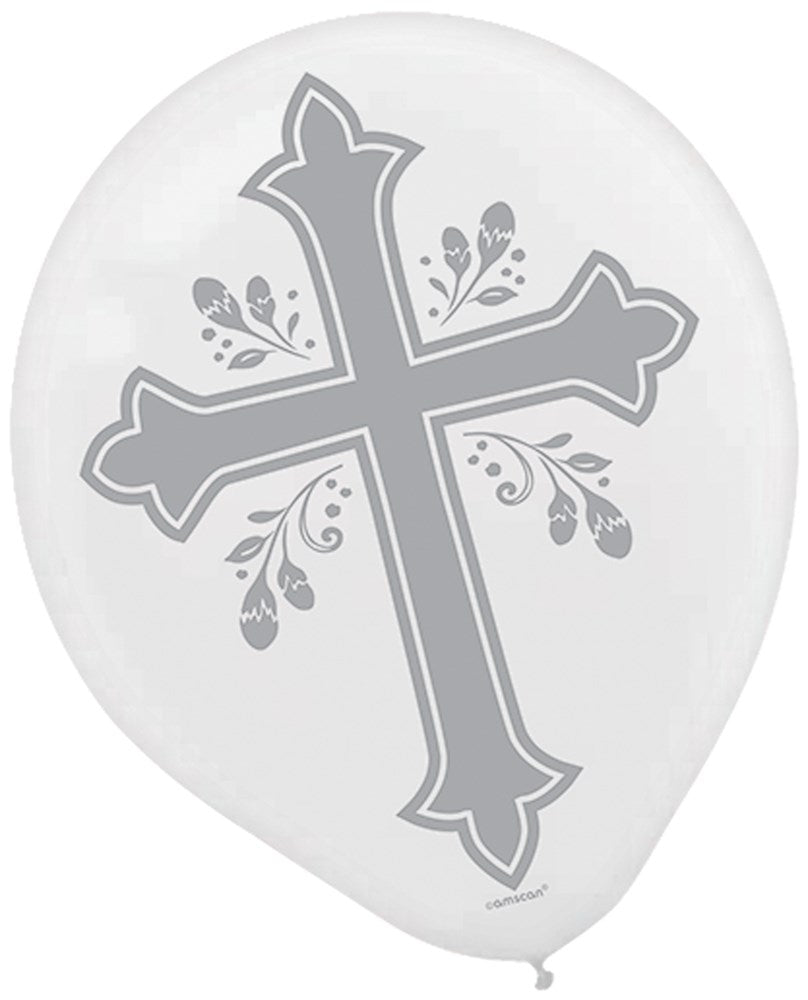 White 12-inch latex balloon with a gray decorative cross and floral accents.