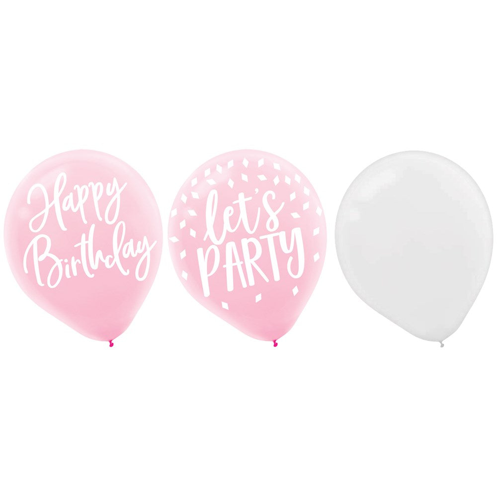 Set of three latex balloons in blush pink and white, two pink with white birthday messages, one plain white balloon.