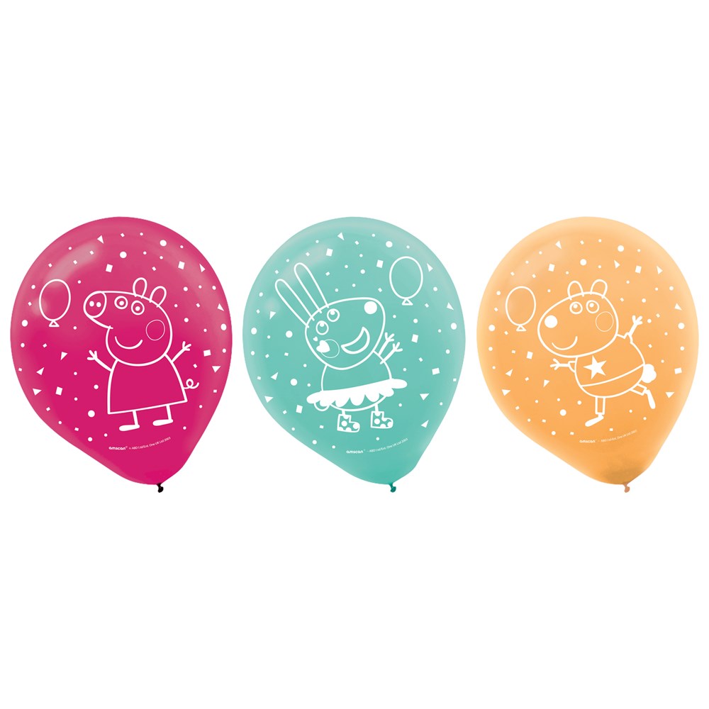 Set of three 12-inch latex balloons in pink, teal, and orange with white Peppa Pig character prints and confetti designs.
