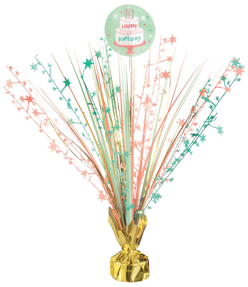 Birthday centerpiece spray with metallic gold base, featuring green and pink starburst sprays and a round topper saying.