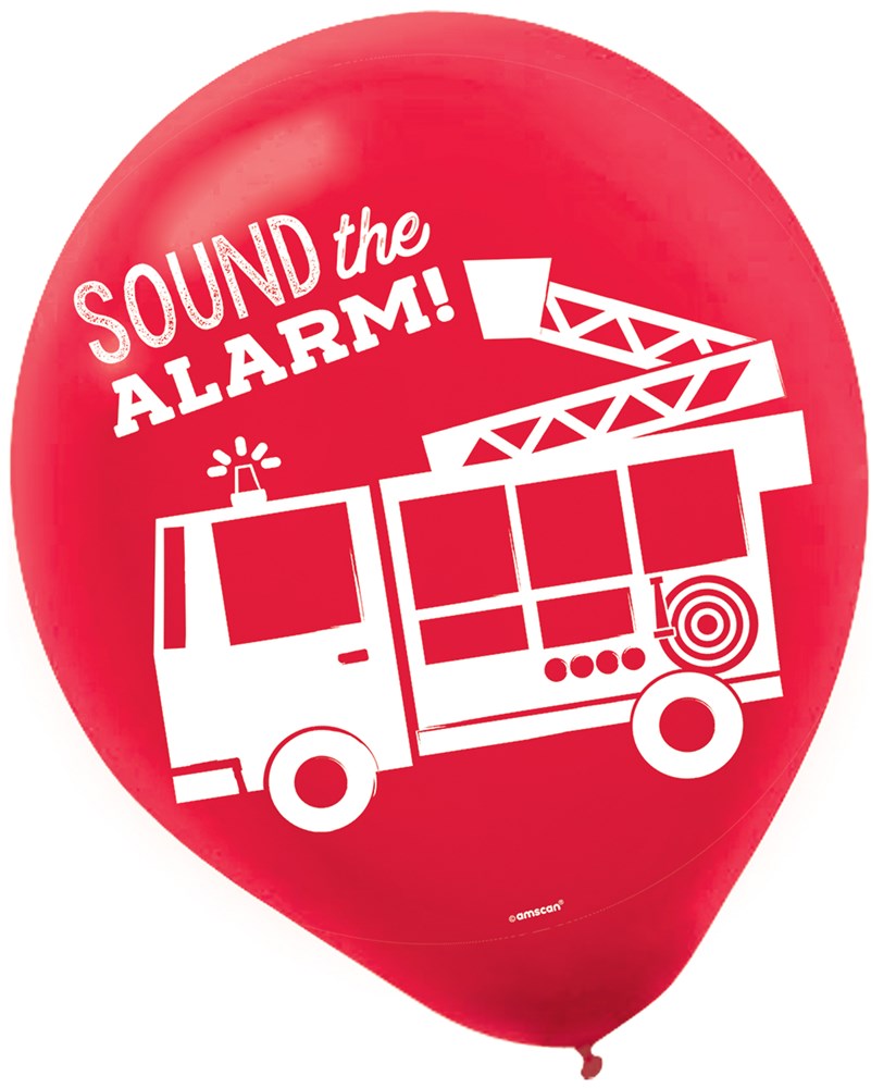 Red latex balloon with white fire truck graphic and "Sound the Alarm!" text, 12 inch.