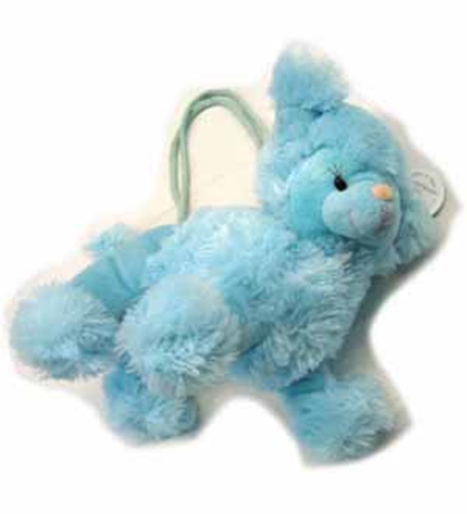 Light blue plush purse shaped like a poodle dog with a soft textured fur and a small handle.